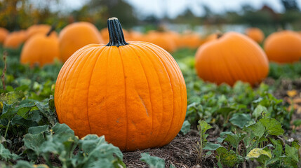 pumpkin patch on a rural farm, showcasing rows of vibrant orange pumpkins. Clear blue sky and open space allow for customizable captions, emphasizing autumn's bounty and harvest joy