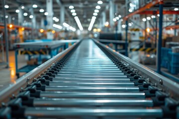 Empty conveyor belt in a modern factory with blurred industrial background.