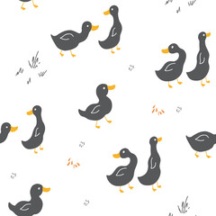 Cute Cartoon Duck Seamless Pattern, Vector Illustration Background