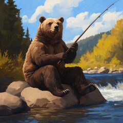 Obraz premium A bear fishing on a rock by a river in a serene natural setting.