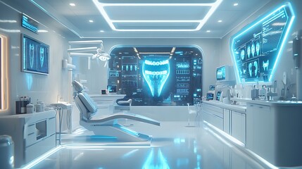 Obraz premium A futuristic dental clinic featuring advanced technology, glowing elements, and a sleek, clean design.