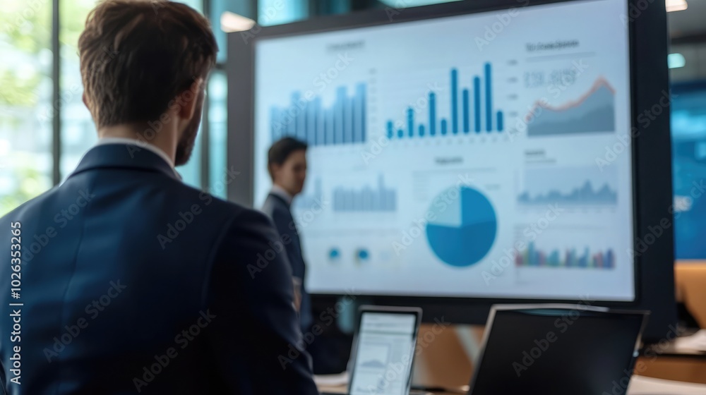 Poster business meeting with graphs and charts on display