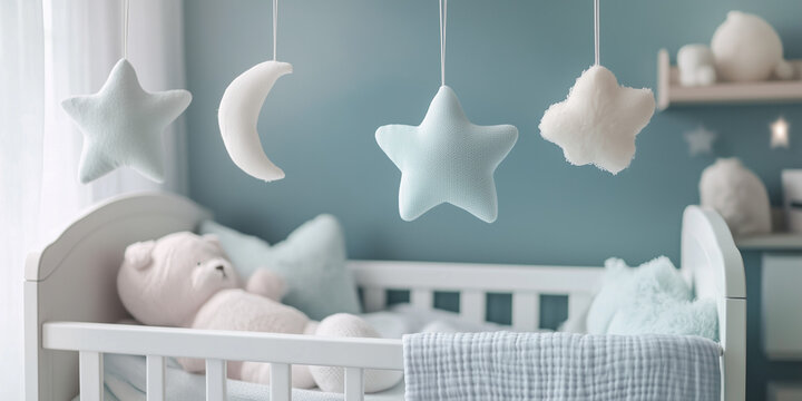 Un'immagine realistica e di alta qualit&agrave; di una cameretta per bambini. Sopra la culla sono appesi morbidi peluche a forma di stelle e luna. Colori pastello.  Ambiente sereno e rilassante.