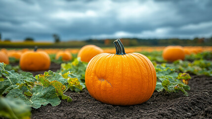 pumpkin patch on a rural farm, showcasing rows of vibrant orange pumpkins. Clear blue sky and open space allow for customizable captions, emphasizing autumn's bounty and harvest joy
