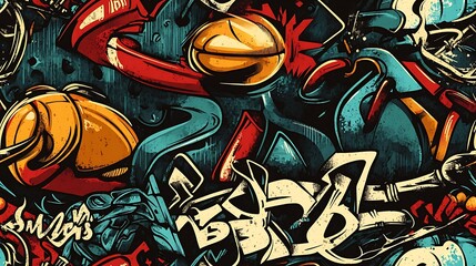 Seamless graffiti pattern featuring basketballs, skateboards, and BMX bikes, surrounded by dynamic splashes of bright neon paint and abstract shapes,