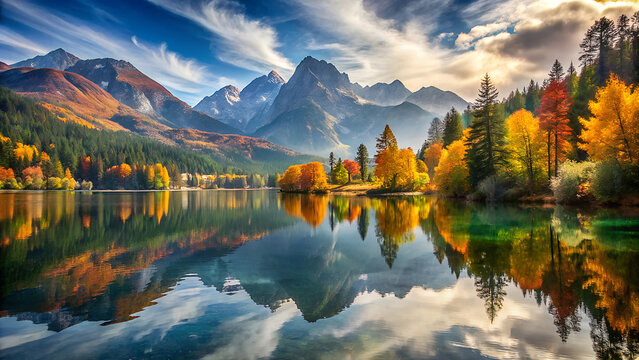 In autumn surrounded by calm lakes and mountains.
