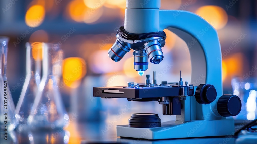 Poster close-up of a microscope with a liquid drop in a lab setting