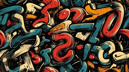Seamless graffiti pattern featuring bold, stylized letters and numbers in vibrant neon colors, using a mix of bubble, block, and wildstyle graffiti techniques,