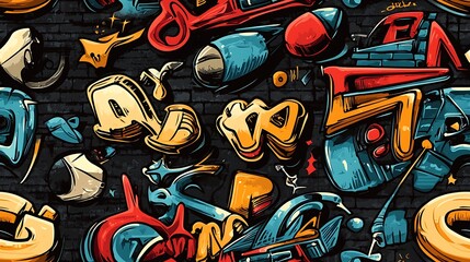 Obraz premium Seamless graffiti pattern featuring bubble letters, abstract symbols, and stylized numbers, surrounded by neon splashes and glowing accents,
