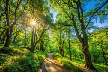 Nature trekking in lush greenery with soft sunlight filtering through the trees