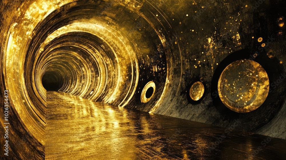 Poster abstract image of a tunnel with golden lights and circular patterns, creating depth