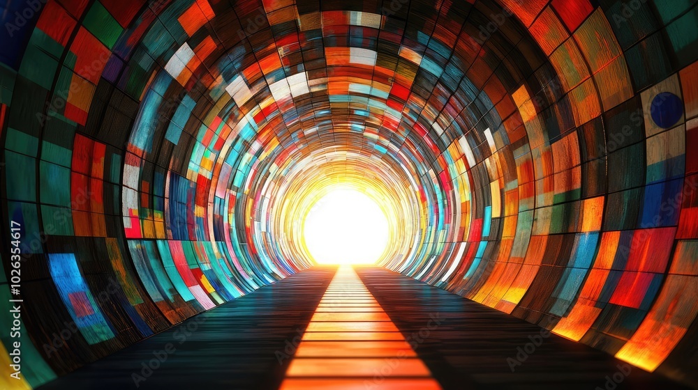 Poster abstract tunnel with world flags leading toward light, symbolizing unity