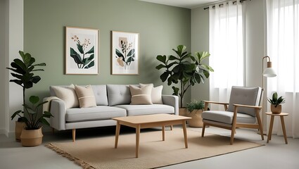 Wooden coffee table and lounge chair near gray sofa against green wall. Scandinavian home interior design of modern living room