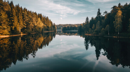 Serene Lake Landscape with Reflections of Lush Forest and Blue Sky on a Calm Day in Tranquil Nature Setting