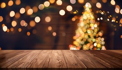 wooden background with blur effect christmas tree and garland lights