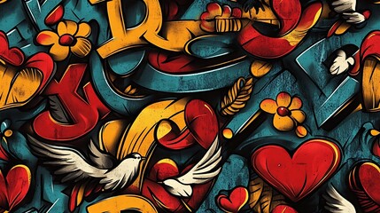 Fototapeta premium Seamless graffiti pattern featuring colorful hearts, peace signs, and doves, intertwined with vibrant flowers and neon brushstrokes,