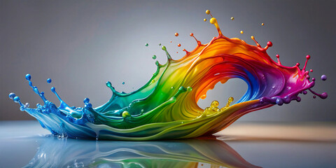 Floating rainbow splash, A splash of vibrant rainbow liquid suspended in mid-air, seemingly weightless