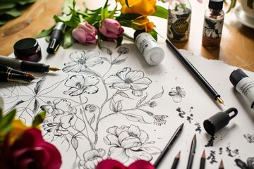 Artistic floral sketch with pens and inks on wooden desk
