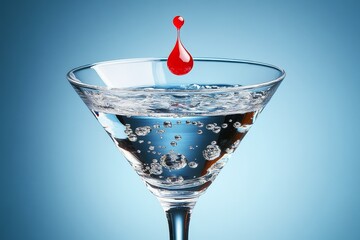 Clear cocktail with a single red drop, resembling a drop of blood falling into water, with a sleek glass and a minimalist setup