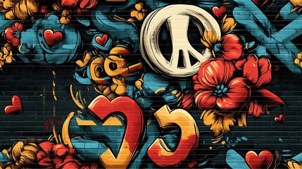 Seamless graffiti pattern featuring colorful peace signs, heart symbols, and glowing flowers, surrounded by neon splashes and abstract shapes, spray-painted on a dark city wall with glowing accents,