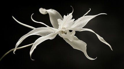 A single white orchid flower with intricate petals against a black background.