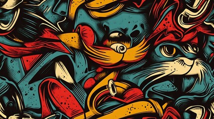 Seamless graffiti pattern featuring expressive cats, street dogs, and urban birds, intertwined with dynamic brushstrokes and neon splashes, layered on a rough concrete wall,