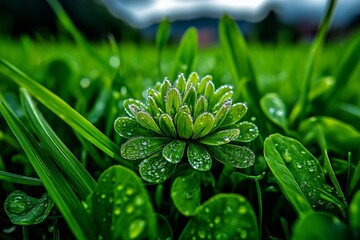 Close-up of a morning meadow, where each blade of grass and wildflower glistens with dew, and the textures of the natural world are brought to life in incredible detail