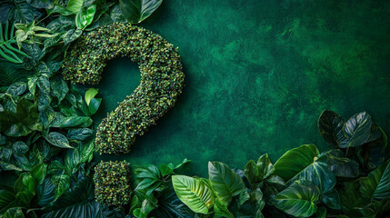 question mark symbol covered in lush green plants, symbolizing growth, curiosity, and the mysteries of nature. Represents the unknown, exploration, and the power of environmental inquiry