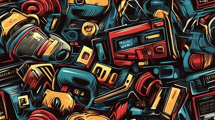 Obraz premium Seamless graffiti pattern featuring futuristic circuit boards, digital icons, and robotic arms, intertwined with neon lights and glowing effects, layered on a dark urban wall,