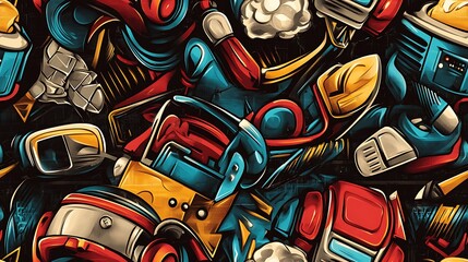 Obraz premium Seamless graffiti pattern featuring futuristic circuit boards, digital icons, and robotic arms, intertwined with neon lights and glowing effects, layered on a dark urban wall,