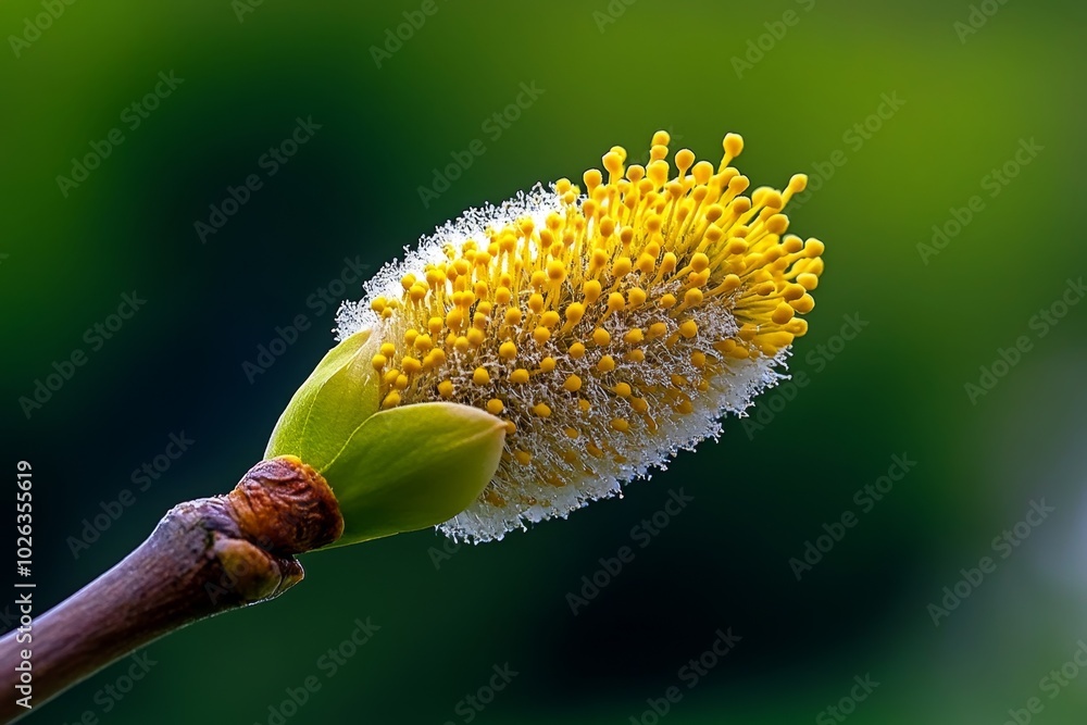 Poster Close-up of a willow catkin, showing the intricate, soft texture and the way light catches on the tiny hairs, with a blurred background of greenery in the distance