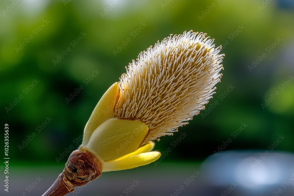 Poster close-up of a willow catkin, showing the intricate, soft texture and the way light catches on the ti