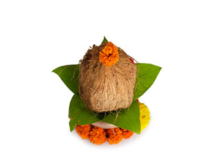 akshaya tritiya Indian festival concept : Decorative kalash with coconut and leaf with floral decoration