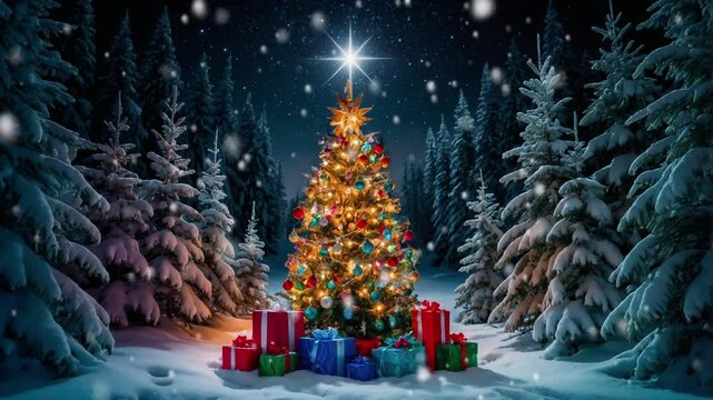 A Christmas tree in the middle of a snowy forest with Christmas presents underneath.