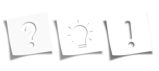 Note papers with question mark, exclamation mark and lightbulb icon on transparent or white background