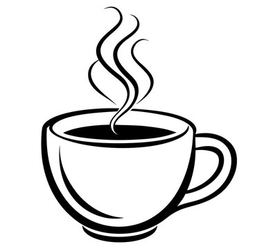 recommend clip art: Vector illustration of a steaming cup of coffee on a saucer, realistic modern hand-drawn silhouette, and icon of hot coffee.