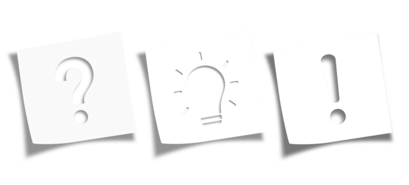 Note papers with question mark, exclamation mark and lightbulb icon on transparent or white background	 - Powered by Adobe