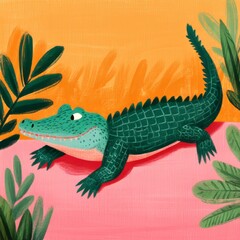 Obraz premium A playful illustration of a crocodile among vibrant foliage.