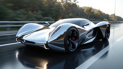 Futuristic sports car in liquid metal design speeding on a highway