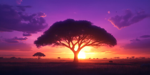Obraz premium Acacia Tree Silhouetted Against African Savannah at Sunset