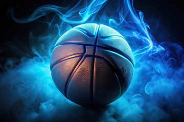 Fototapeta premium Neon blue basketball floating on black smoke background