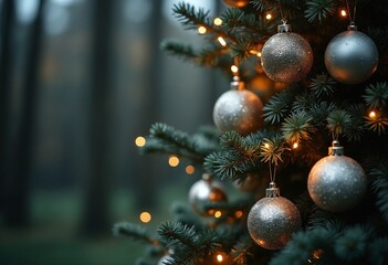 Glittering Silver and Gold Ornaments Dress a Tree in a forest, copy space in a side