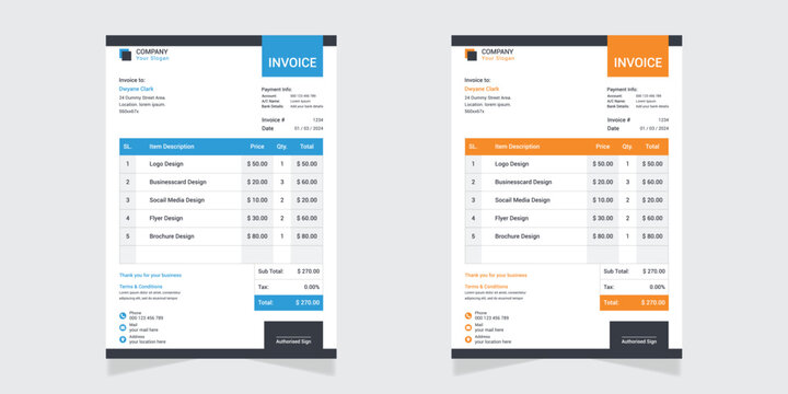 Business invoice form template. Minimal Invoice Layout. Modern And Simple Invoice.