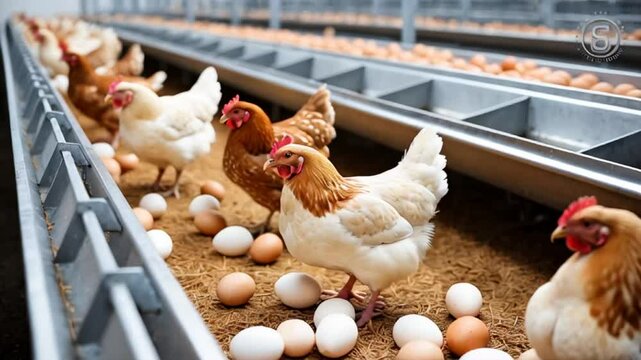 chicken with fresh eggs at a poultry farm