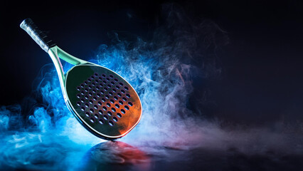 Padel tennis racket in neon lights. Background with copy space. Mockup for padel event tournament design. Open tour.