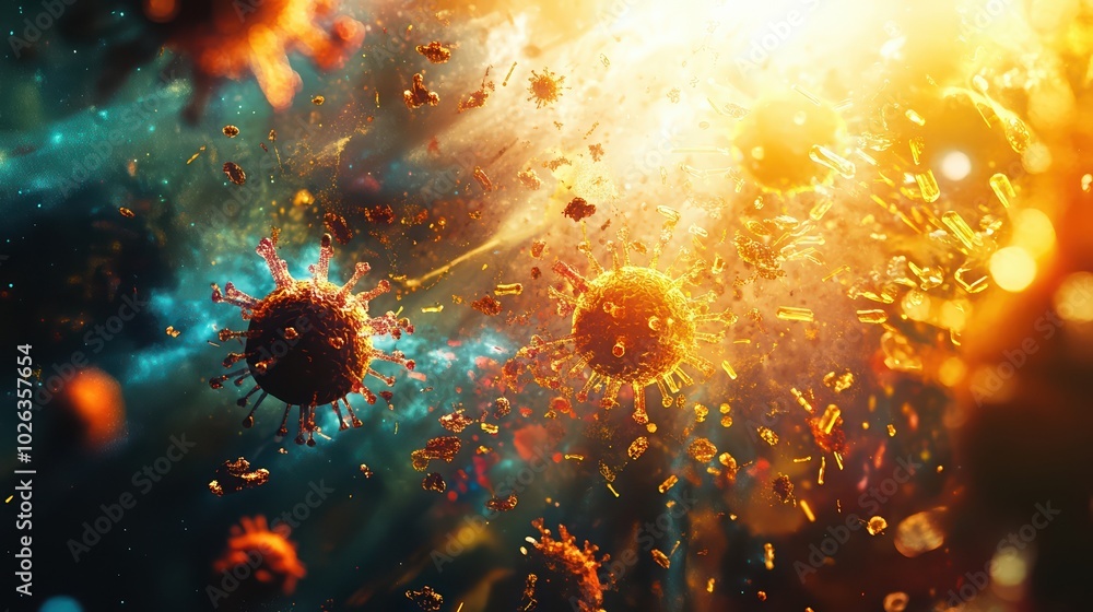 Poster a vibrant and dynamic representation of microscopic viruses, capturing their intricate structures an