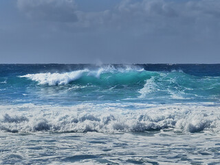 Montana Bermeja beach on Atlantic Ocean with volcanic relief, big sharp rocks, big waves in Yaiza, Lanzarote , Spain