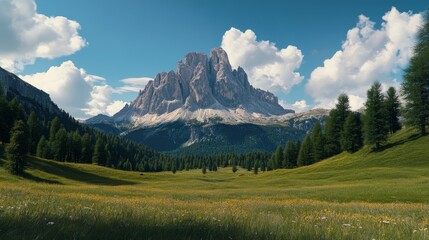 Obraz premium A picturesque view of a towering mountain peak rising above a lush green valley, dotted with wildflowers and a forest of pine trees. The sky is a vibrant blue with fluffy white clouds.
