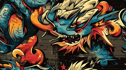 Obraz premium Seamless graffiti pattern featuring powerful dragons, ethereal phoenixes, and abstract flame symbols, surrounded by neon splashes and glowing accents, spray-painted on a dark city wall with a vibrant,