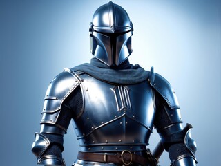 Fototapeta premium A metallic armored figure in a protective helmet, exuding a sense of strength and mystery.